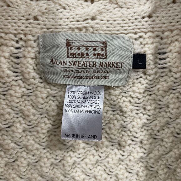 Aran Sweater Market Sweater Women Large Ivory Shawl Cardigan Ireland Virgin Wool - Picture 2 of 12